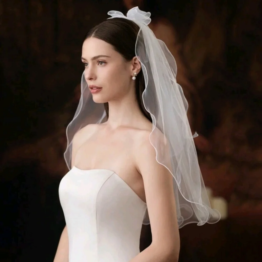 White Bridal Veil with Bow And Faux Pearls Wedding Hair Veil Clip